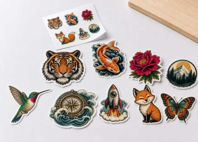 Custom die-cut stickers and a printed sticker sheet