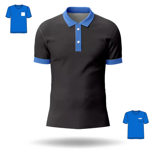 Black polo shirt with blue trim and diagrams of chest embroidery placement