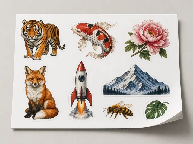 A single white sticker sheet printed with eight contour-cut designs — tiger, koi, peony, fox, rocket, mountain range, honeybee and monstera leaf — with the bottom corner curling up.