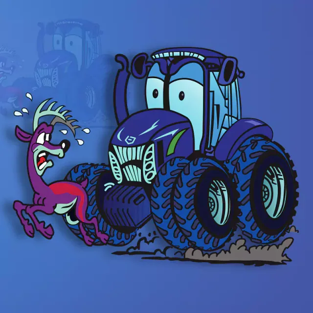 Blue agricultural tractor with a large rear wheel in vector artwork
