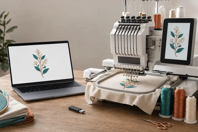 Botanical stitch design shown on screens beside an embroidery machine