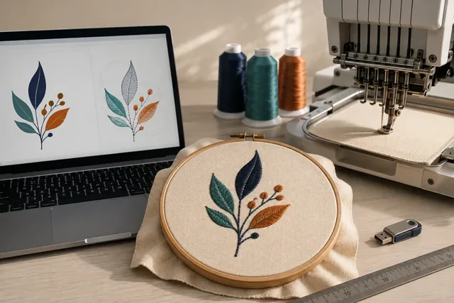 Leaf artwork on a laptop beside its finished embroidered hoop sample