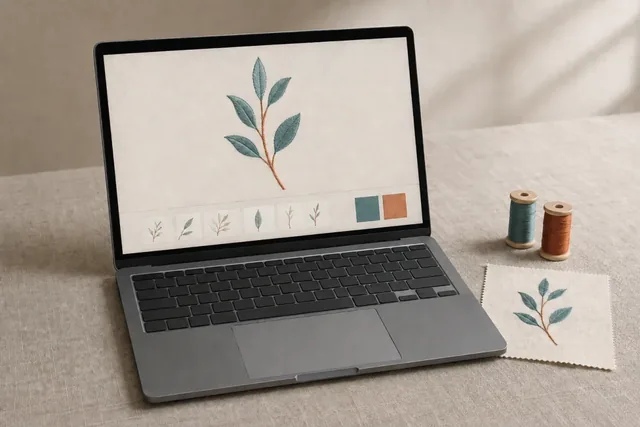 Botanical digitizing design displayed on a laptop with a paper reference