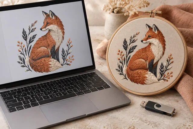 A laptop with an abstract embroidery stitch preview beside a hooped stitched sample and USB drive, no invented UI text