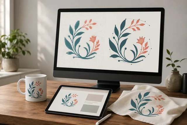 Botanical vector designs shown on a monitor, tablet and printed products