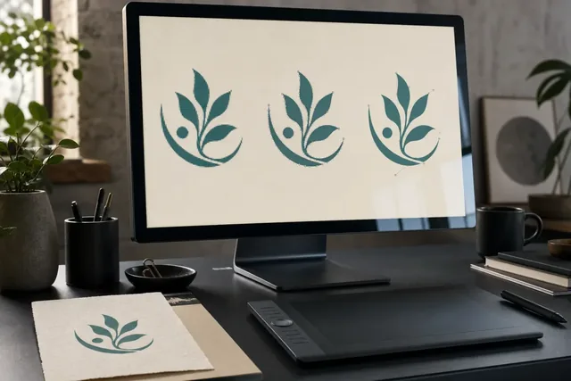 Leaf emblem variations displayed on a design monitor and printed proof