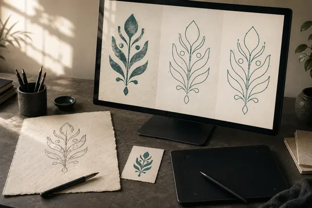 Botanical vector artwork with outline and filled versions on a monitor