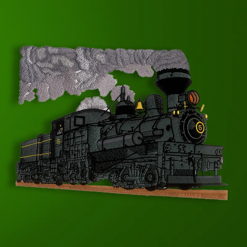A richly detailed, full-colour steam locomotive design stitched from a digitized DigitEMB file